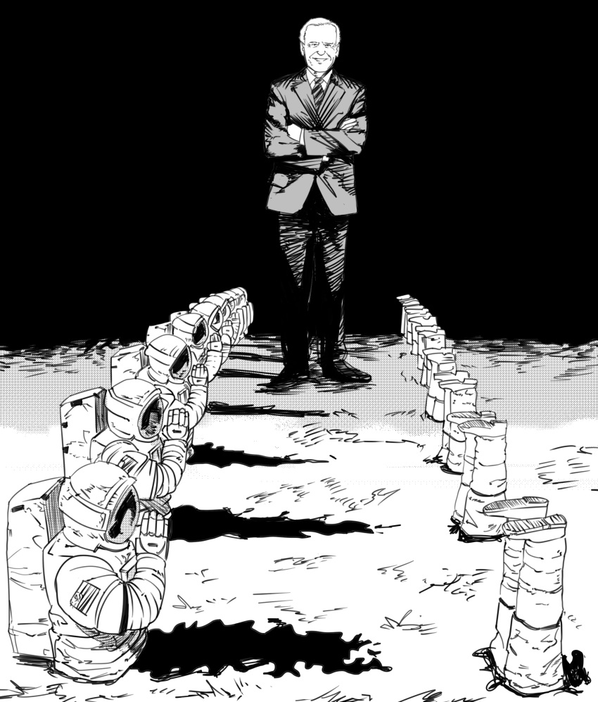 1boy, absurdres, astronaut, chainsaw_man, crossed_arms, derivative_work, formal, from_side, greyscale, grin, highres, jacket, joe_biden, looking_at_viewer, male_focus, manga_panel_redraw, monochrome, necktie, own_hands_together, palms_together, pants, praying, real_life, smile, space_helmet, striped_necktie, suit, xyanaid