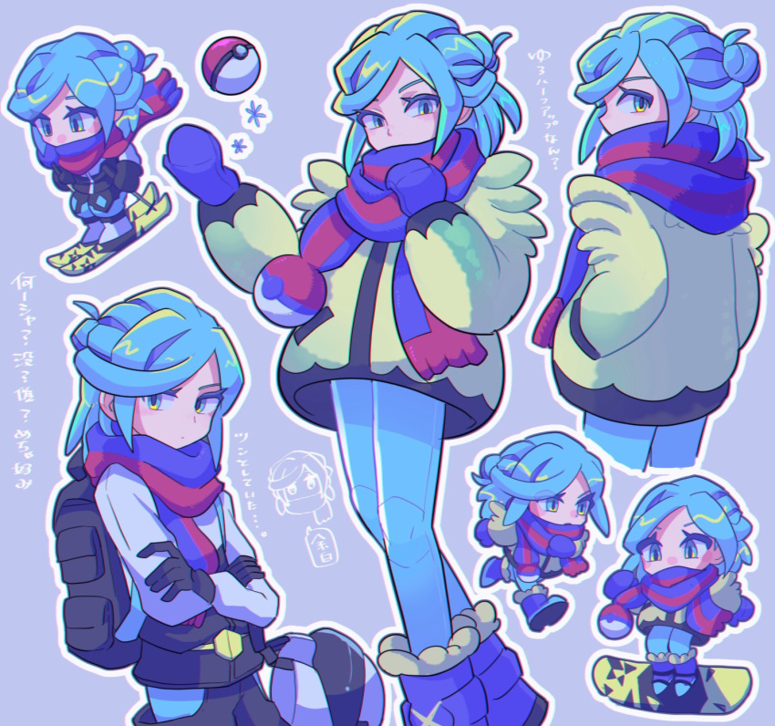 1boy, backpack, bag, black_bag, black_gloves, blue_eyes, blue_hair, blue_pants