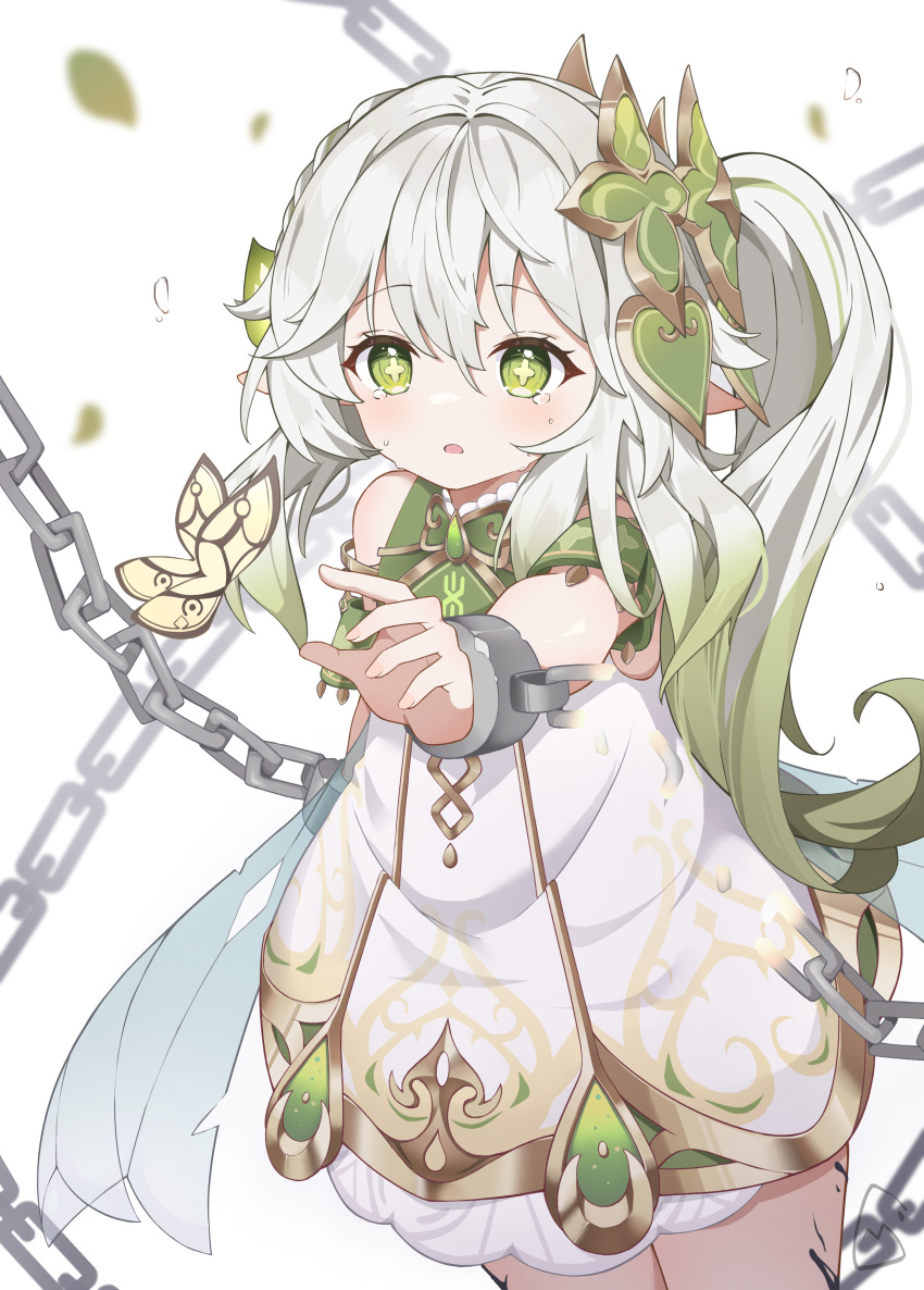 1girl, absurdres, bangs, blurry, blurry_background, blush, bracelet, bug, butterfly, cape, chain, cross-shaped_pupils, detached_sleeves, dress, female_child, genshin_impact, gradient_hair, green_cape, green_eyes, green_hair, hair_between_eyes, hair_ornament, highres, jewelry, leaf_hair_ornament, long_hair, multicolored_hair, nahida_(genshin_impact), open_mouth, pointy_ears, reaching_out, side_ponytail, sleeveless, sleeveless_dress, solo, symbol-shaped_pupils, tearing_up, vanishedstar, white_dress, white_hair