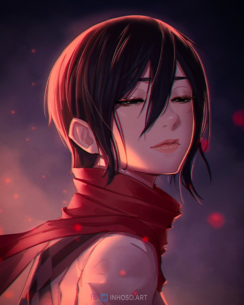 1girl, black_eyes, black_hair, close-up, closed_mouth, embers, hair_between_eyes, half-closed_eyes