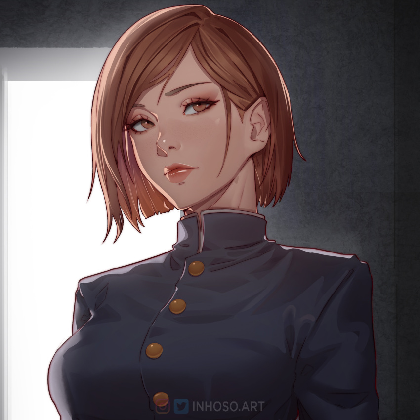 1girl, absurdres, bangs, black_jacket, bob_cut, breasts, brown_eyes, brown_hair, buttons, hair_behind_ear, high_collar, highres, indoors, inhoso, jacket, jujutsu_kaisen, kugisaki_nobara, lips, looking_to_the_side, medium_breasts, short_hair, solo, swept_bangs, upper_body, web_address