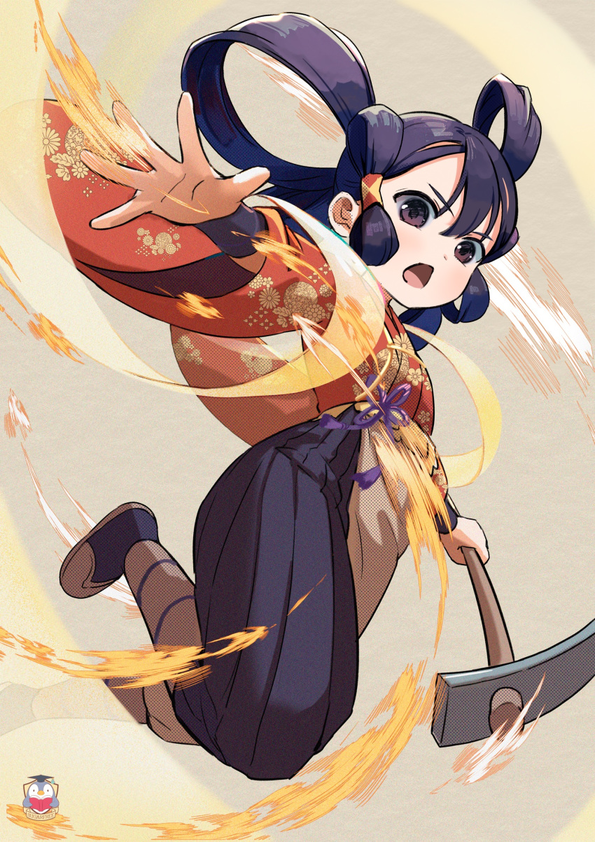 1girl, bangs, black_hair, black_hakama, brown_eyes, fighting_stance, full_body, grey_background