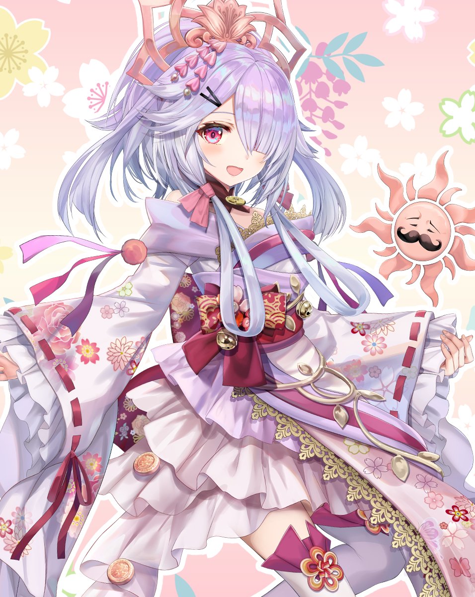 1girl, airy_production, bangs, bare_shoulders, bell, bow, facial_hair, floral_background