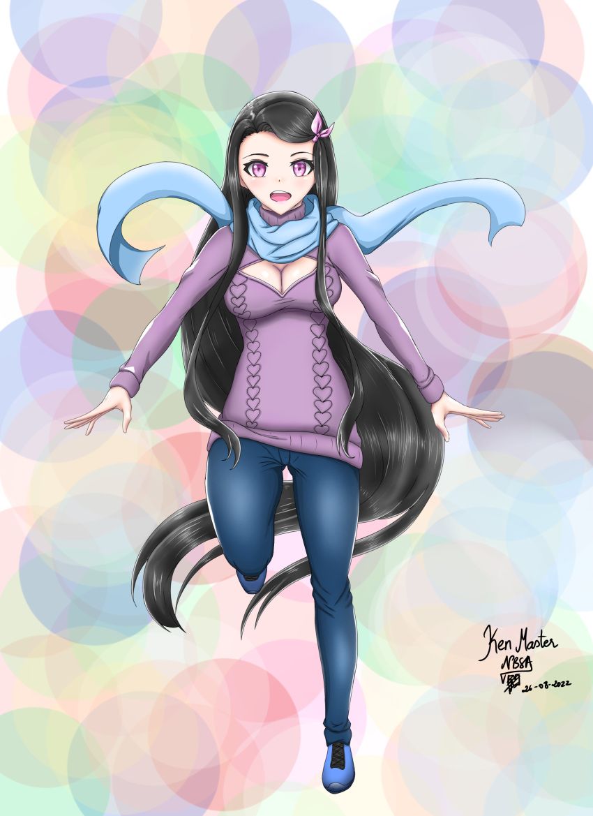 1girl, absurdres, black_hair, breasts, denim, forehead, highres, jeans