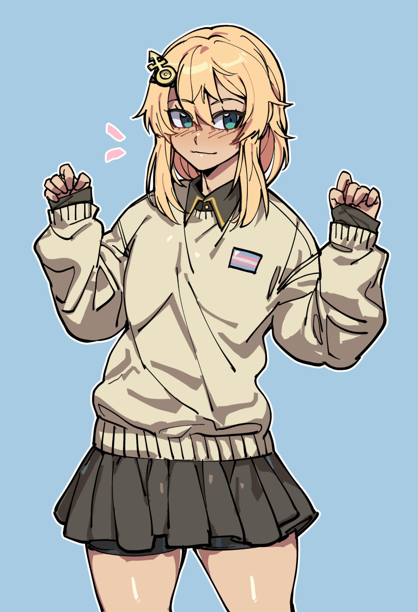 1girl, absurdres, alternate_costume, androgyne_symbol, aqua_eyes, blonde_hair, blue_background, blush
