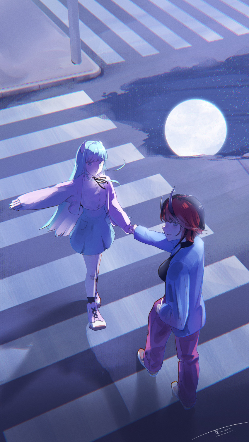 2girls, absurdres, alternate_costume, bangs, black_hair, black_shirt, blue_eyes, blue_hair
