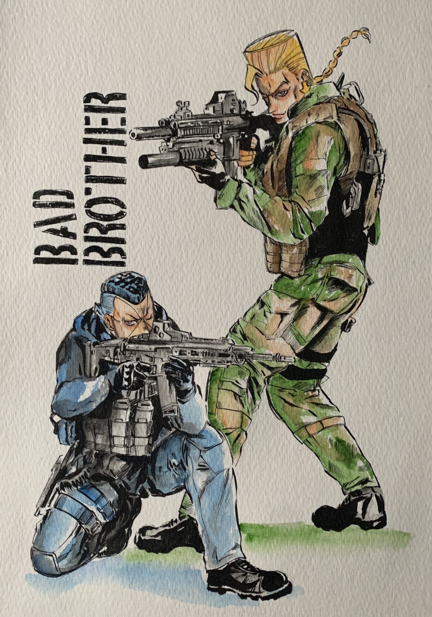2boys, assault_rifle, black_footwear, black_gloves, black_hair, blonde_hair, blue_eyes, boots