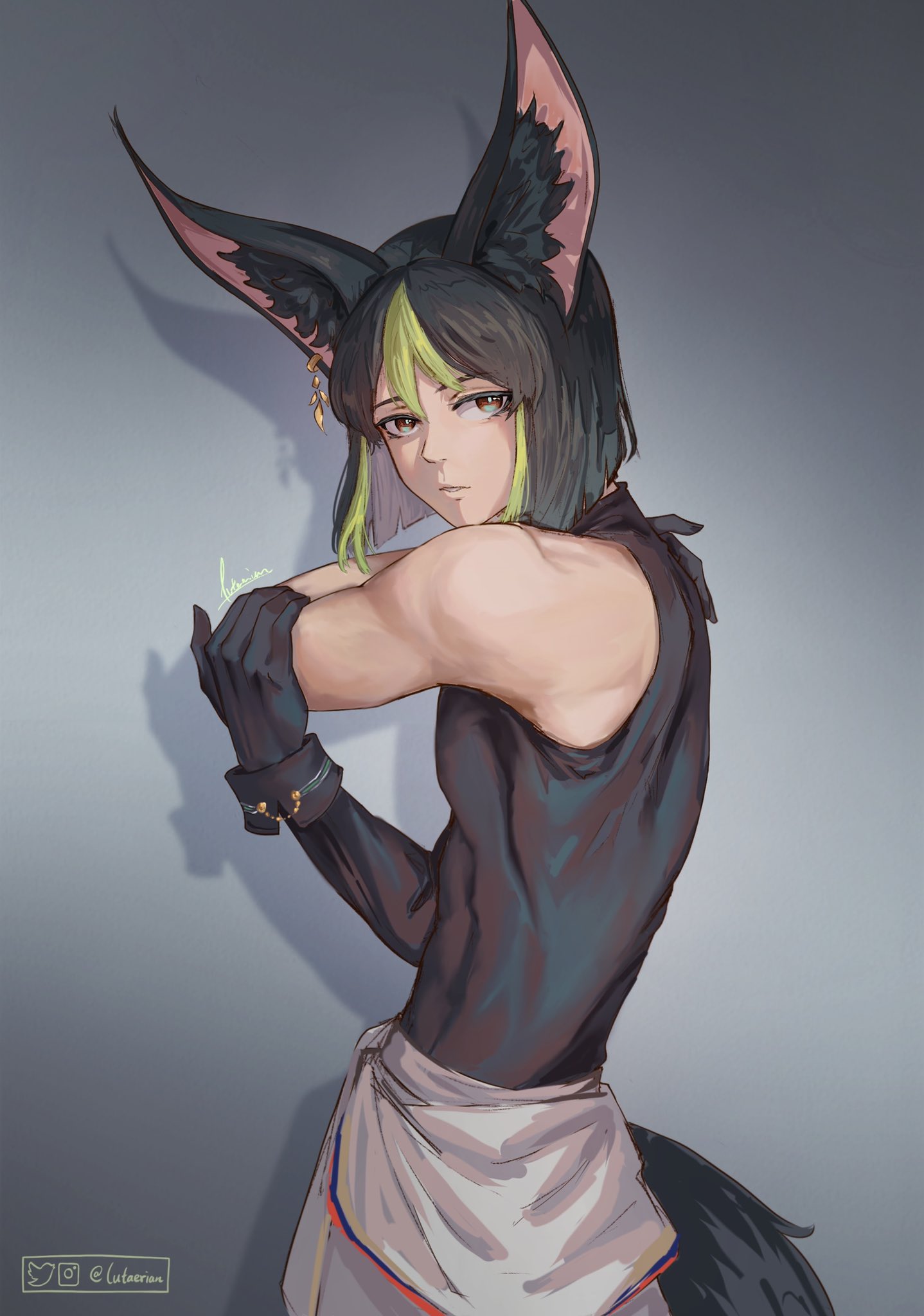 1boy, animal_ear_fluff, animal_ears, asymmetrical_sleeves, bare_shoulders, black_gloves, black_hair, blunt_ends, earrings, fox_boy, fox_ears, fox_tail, genshin_impact, gloves, green_eyes, green_hair, highres, instagram_logo, jewelry, looking_at_viewer, lutaerian, male_focus, multicolored_hair, short_hair, signature, solo, standing, streaked_hair, tail, tighnari_(genshin_impact), twitter_logo, twitter_username