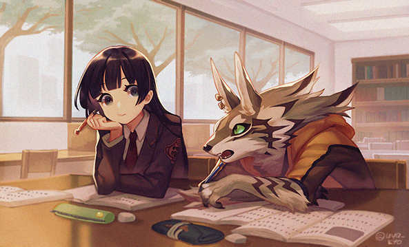 1boy, 1girl, bangs, black_eyes, black_hair, blunt_bangs, body_fur, book