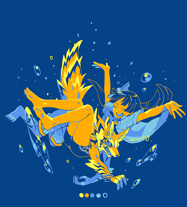 1boy, 1girl, blue_background, body_fur, bracelet, bubble, collared_shirt, commentary_request