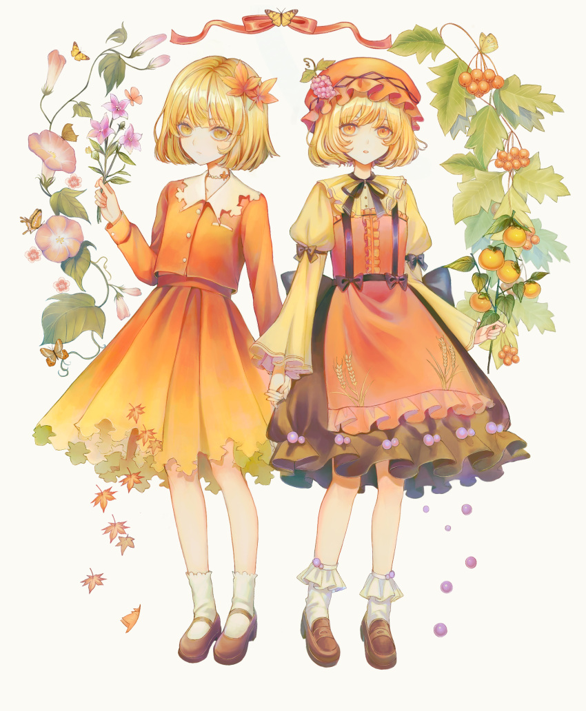 2girls, aki_minoriko, aki_shizuha, apron, autumn_leaves, bangs, black_ribbon, black_skirt