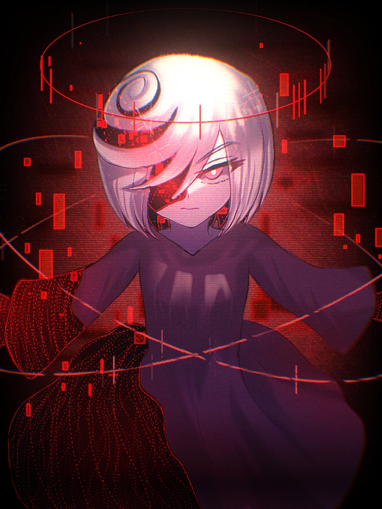 1girl, black_dress, cang_she, commentary_request, dress, glitch, patterned, red_background