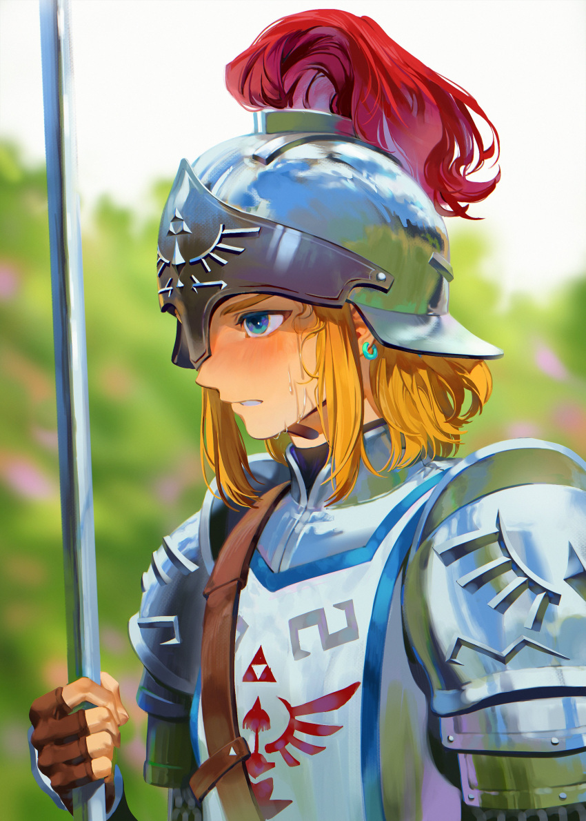 absurdres, armor, bangs, blonde_hair, blue_eyes, blurry, blurry_background, brown_gloves