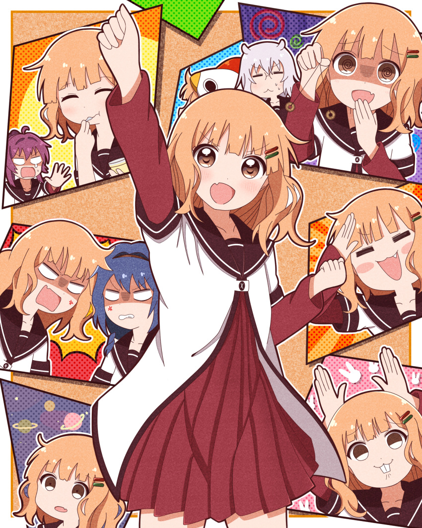 :d, absurdres, blonde_hair, blue_hair, blush, braid, brown_eyes, closed_eyes