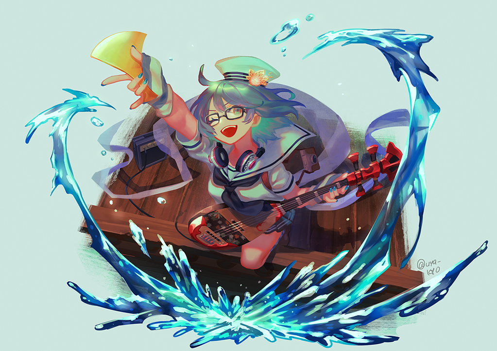 1girl, aqua_hair, benten_(housamo), biwa_lute, black-framed_eyewear, blue_background, blue_eyes, blue_nails