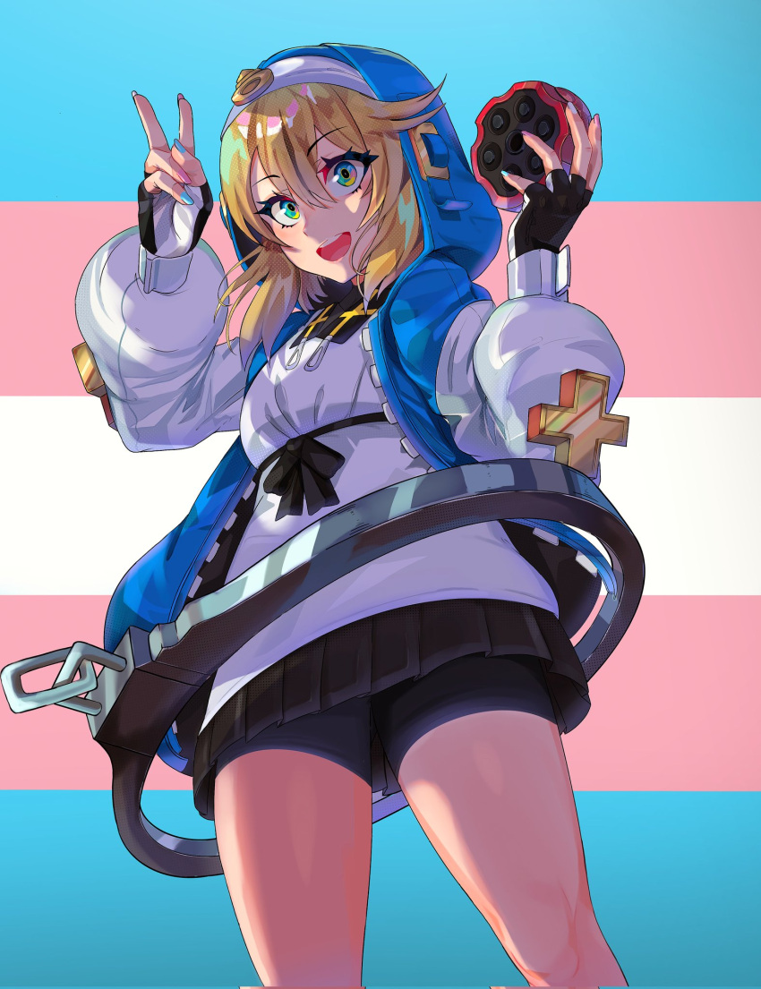 1girl, :d, acronym, androgyne_symbol, arms_up, bangs, belt, belt_buckle
