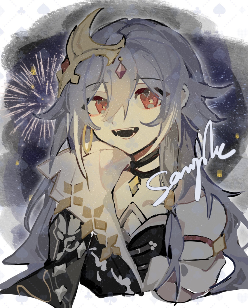 1girl, bangs, black_choker, black_hair, chinese_clothes, choker, fireworks, fu_hua, fu_hua_(herrscher_of_sentience), hair_ornament, highres, honkai_(series), honkai_impact_3rd, long_hair, looking_at_viewer, night, night_sky, open_mouth, outdoors, red_eyes, sample_watermark, sky, solo, upper_body, yemengjiang