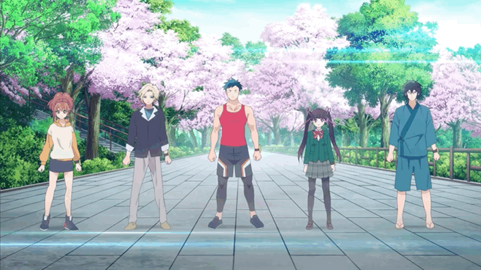 2girls, 3boys, aikawa_fudou, animated, animated_gif, arisugawa_haru, cherry_blossoms, jinguuji_misaki, koi_wa_sekai_seifuku_no_ato_de, lens_flare, oujino_hayato, outside, todoroki_daigo