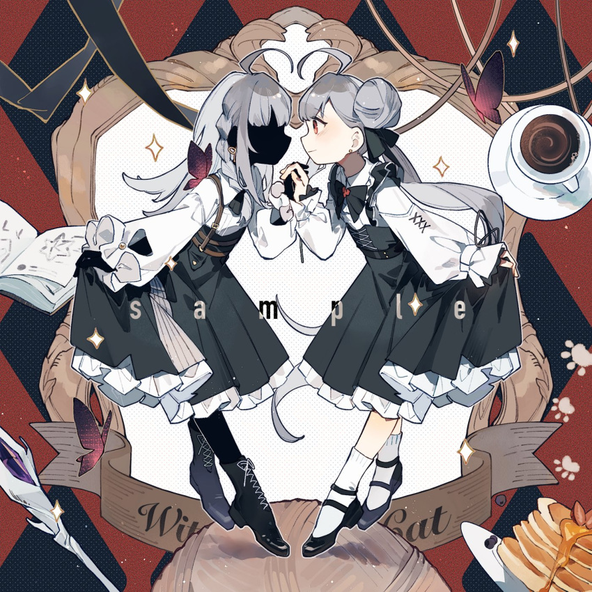 2girls, ahoge, animal, black_bow, black_bowtie, black_butterfly, black_footwear, black_ribbon