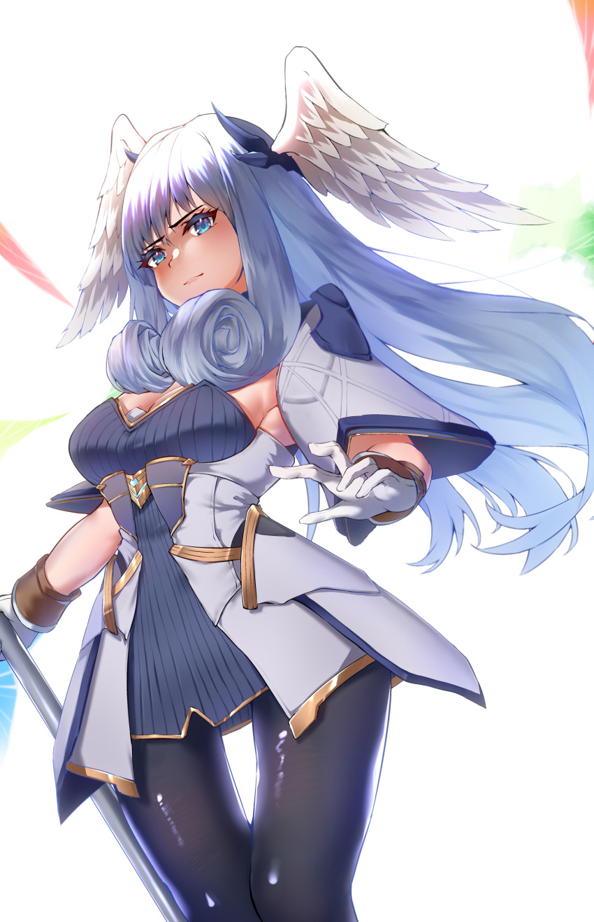 1girl, black_pants, blue_eyes, breasts, closed_mouth, commentary_request, cowboy_shot, curly_hair, dress, gloves, grey_hair, head_wings, highres, holding, holding_staff, long_hair, looking_at_viewer, medium_breasts, melia_antiqua, pants, pants_under_dress, partial_commentary, shiny, shiny_hair, short_dress, short_sleeves, siebolds_demon, solo, spoilers, staff, white_dress, white_gloves, xenoblade_chronicles_(series), xenoblade_chronicles_3