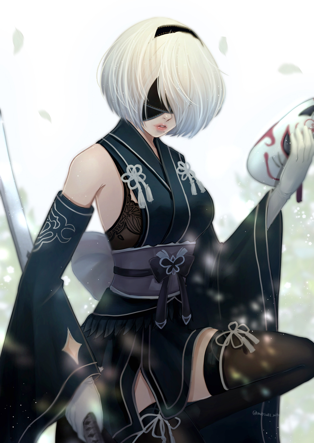 1girl, artist_name, black_blindfold, black_hairband, black_kimono, blindfold, covered_eyes, detached_sleeves