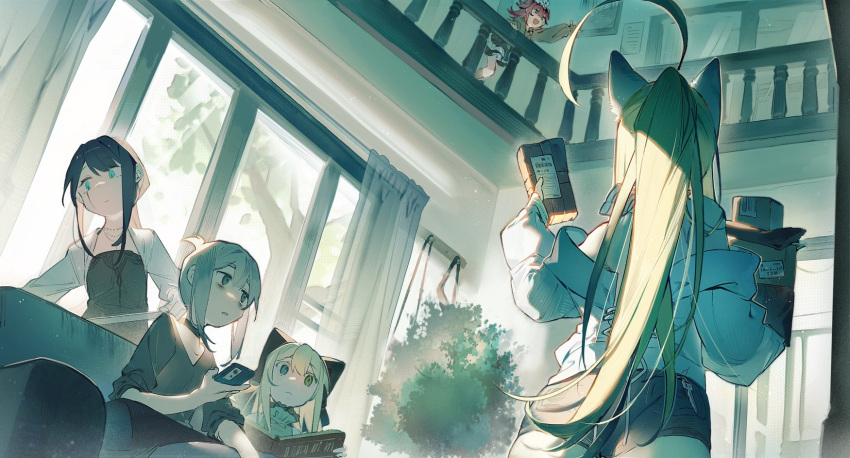 5girls, ahoge, animal_ear_fluff, animal_ears, aqua_eyes, arm_up, bag, bags_under_eyes