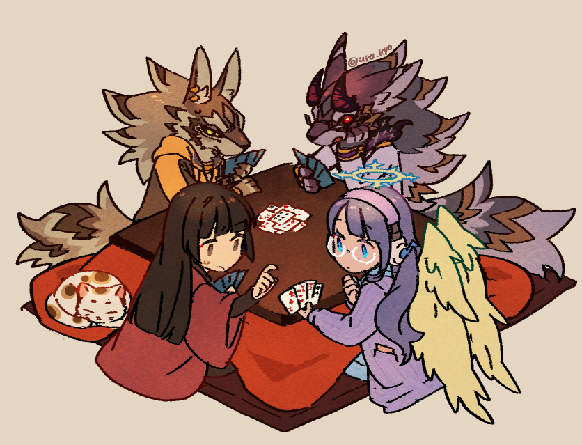 2boys, 2girls, angel_wings, animal_ears, bael_(housamo), bangs, blue_eyes, blunt_bangs