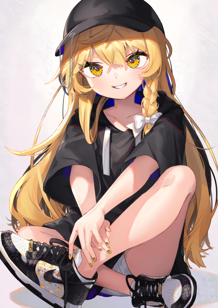 1girl, bangs, baseball_cap, black_footwear, black_headwear, black_hoodie, blonde_hair, blush