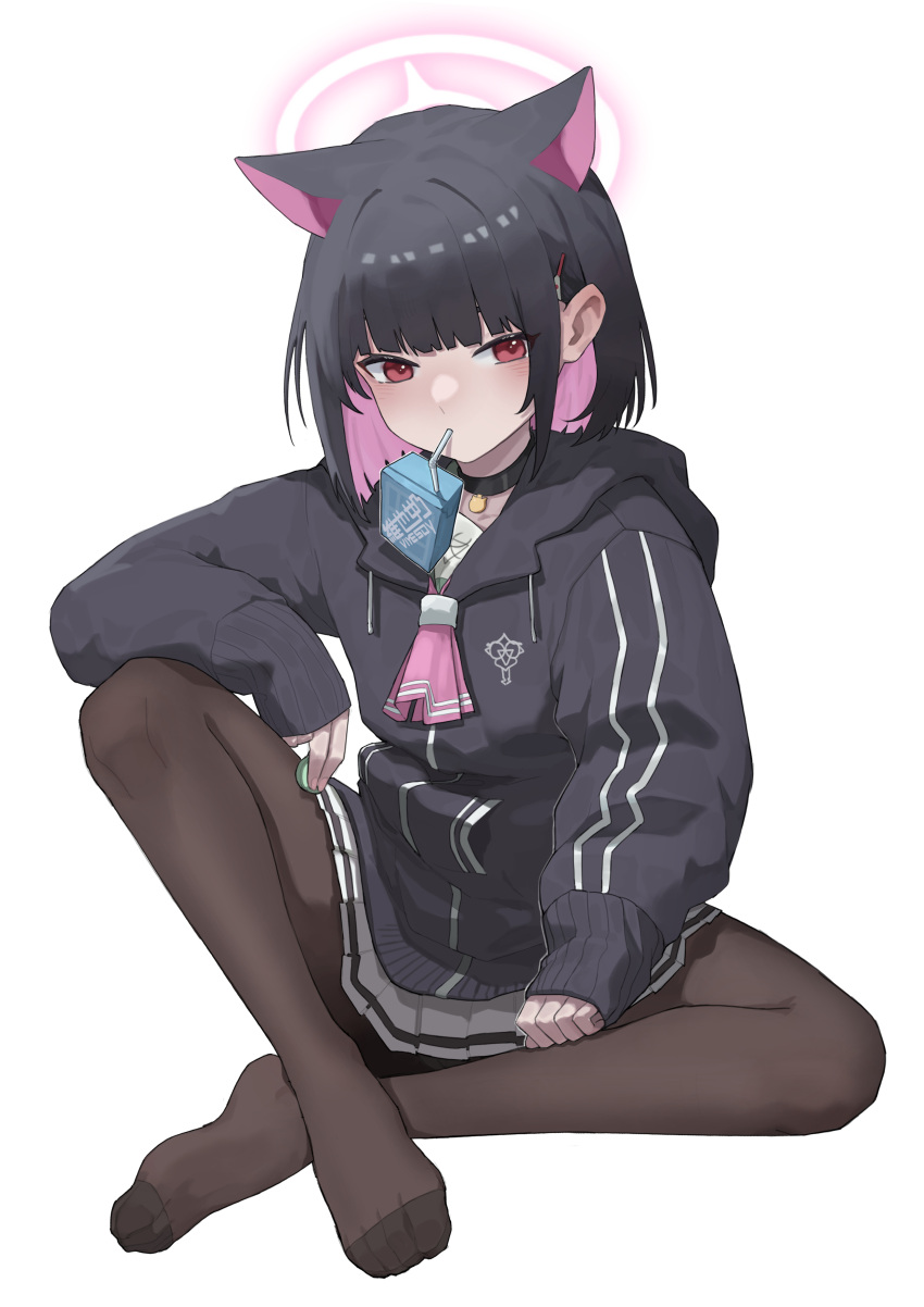 1girl, absurdres, animal_ear_fluff, animal_ears, bangs, black_hair, black_hoodie, black_pantyhose, blue_archive, blush, choker, colored_inner_hair, full_body, halo, highres, hood, hood_down, hoodie, kazusa_(blue_archive), long_sleeves, looking_at_viewer, multicolored_hair, namae_kunn, no_shoes, pantyhose, pleated_skirt, sailor_collar, short_sleeves, simple_background, sitting, skirt, solo, violet_eyes, white_background