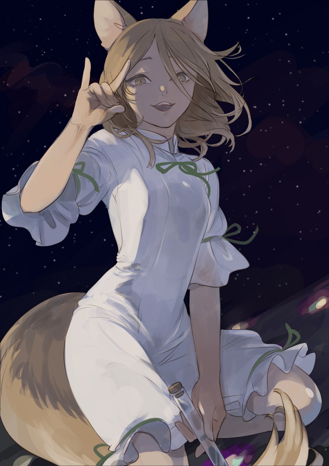 1girl, animal_ears, bangs, blonde_hair, breasts, commentary, corked_bottle, fingernails
