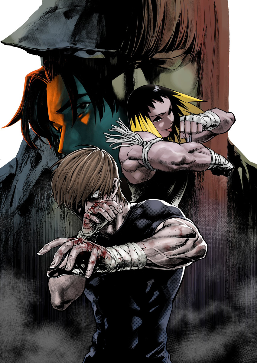 1girl, 2hakkk, 4boys, armband, bandaged_hand, bandages, black_eyes, black_hair, black_shirt, blonde_hair, blood, blood_on_bandages, blood_on_hands, brown_hair, check_copyright, clenched_hands, coat, copyright_request, fingernails, grey_coat, grey_headwear, gyeoggi_3_ban, hair_between_eyes, hair_over_one_eye, half-closed_eyes, highres, injury, long_hair, looking_at_viewer, muay_thai, multicolored_hair, multiple_boys, muscular, muscular_female, muscular_male, shaded_face, shirt, simple_background, spiky_hair, steam, t-shirt, tongue, tongue_out, veins, white_armband, white_background, wide-eyed