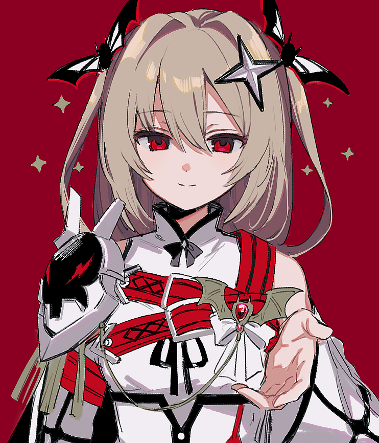 1girl, arm_at_side, bangs, bat_hair_ornament, belt, boyano, brooch, detached_sleeves