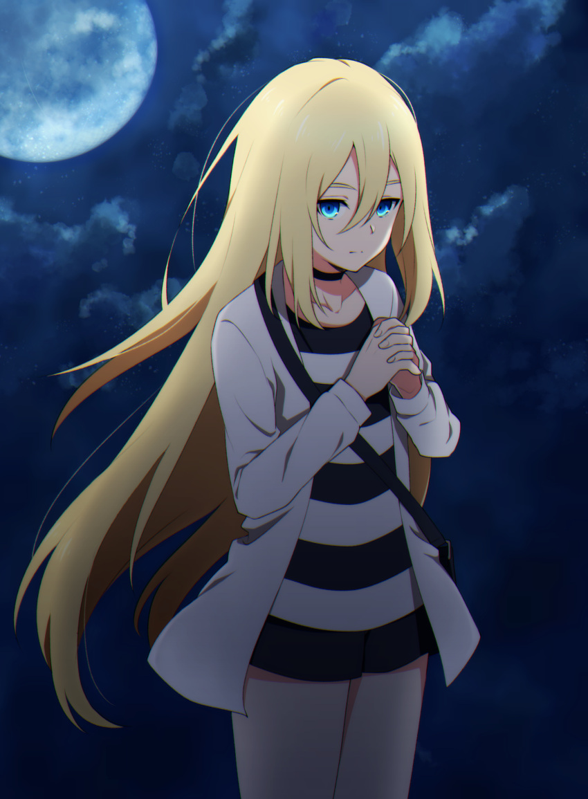 1girl, absurdres, annno_ans, bangs, black_choker, black_shorts, blonde_hair, blue_eyes, choker, closed_mouth, clouds, cloudy_sky, collarbone, cowboy_shot, full_moon, hair_between_eyes, highres, jacket, long_hair, moon, night, open_clothes, open_jacket, own_hands_clasped, own_hands_together, rachel_gardner, satsuriku_no_tenshi, shiny, shiny_hair, shirt, short_shorts, shorts, sky, solo, standing, straight_hair, striped, striped_shirt, very_long_hair, white_jacket