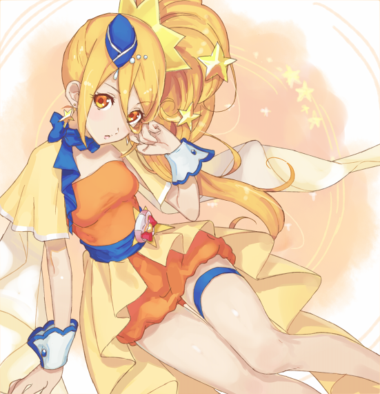 1girl, bangs, blonde_hair, blue_headwear, capelet, cure_etoile, dress, hair_between_eyes