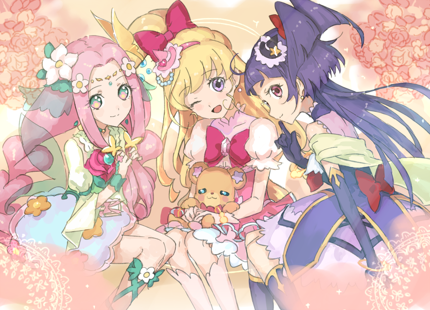 3girls, ;d, black_gloves, black_headwear, blonde_hair, blue_skirt, bow, bowtie