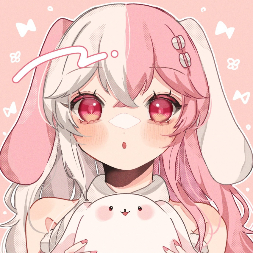 1girl, aiueonigiri, animal_ears, commission, commissioner_upload, highres, indie_virtual_youtuber, long_hair, marshie_(vtuber), multicolored_hair, open_mouth, pink_background, pink_eyes, pink_hair, profile, rabbit, rabbit_ears, rabbit_girl, skeb_commission, solo, split-color_hair, virtual_youtuber, white_hair