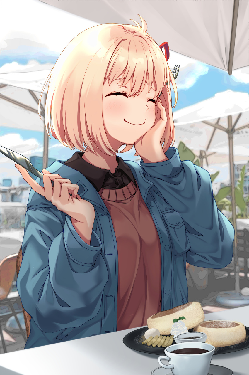 1girl, absurdres, bangs, black_shirt, blonde_hair, blue_jacket, blurry, blurry_background