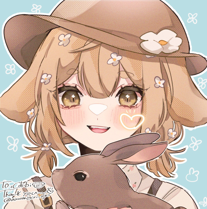 1girl, aiueonigiri, animal_ears, blonde_hair, blue_background, blush, brown_eyes, chibi_chinu