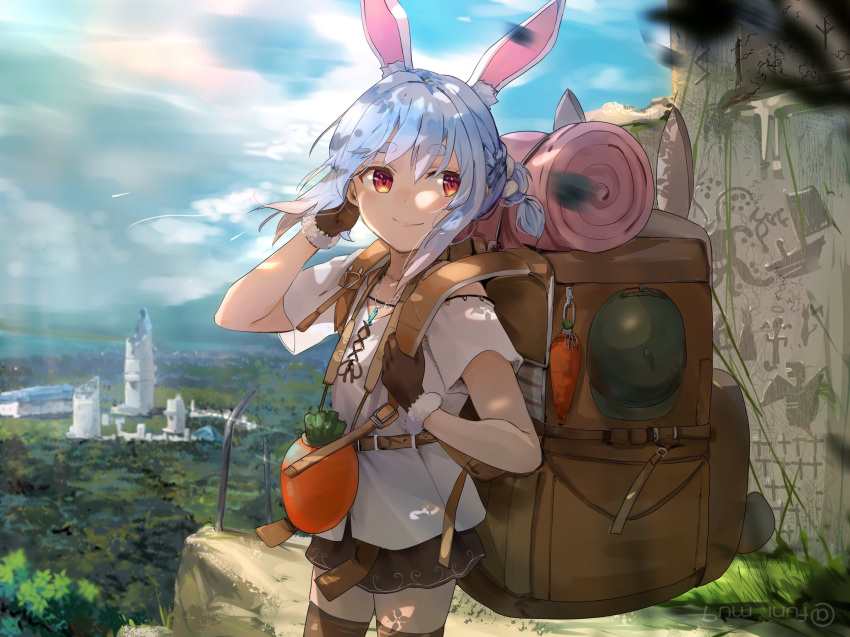 1girl, animal_ears, backpack, bag, belt, blue_hair, braid, carrot