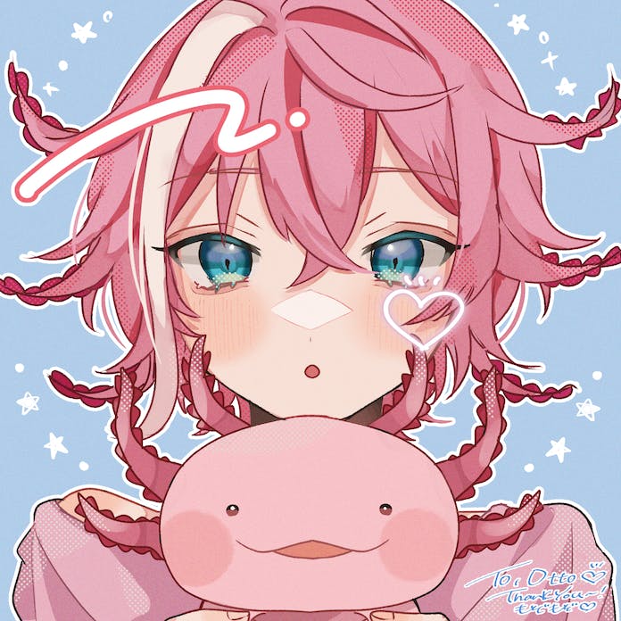 1other, aiueonigiri, androgynous, axolotl, blue_background, blue_eyes, blush, commentary, commission, english_commentary, heart, indie_virtual_youtuber, looking_at_viewer, open_mouth, ottolotl, pink_hair, profile, short_hair, skeb_commission, solo, star_(symbol), virtual_youtuber