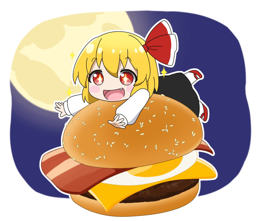 +_+, 1girl, black_dress, blonde_hair, burger, dress, fang, food