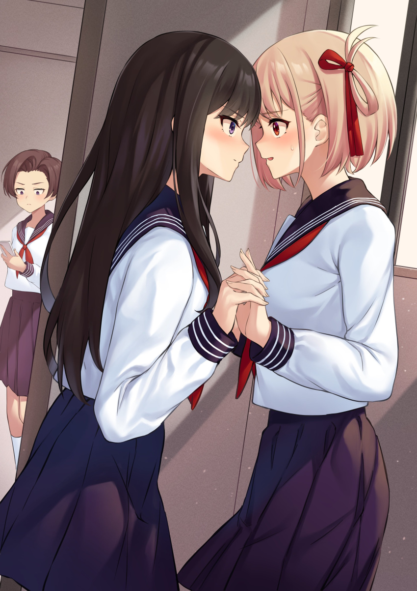 2girls, absurdres, black_hair, blonde_hair, blush, brown_hair, embarrassed, eye_contact