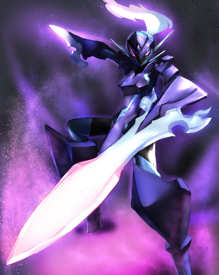 absurdres, blade, ceruledge, commentary_request, eye_trail, glowing, highres, legs_apart, light_trail, looking_at_viewer, nandarobium, no_humans, pokemon, pokemon_(creature), solo, standing, violet_eyes