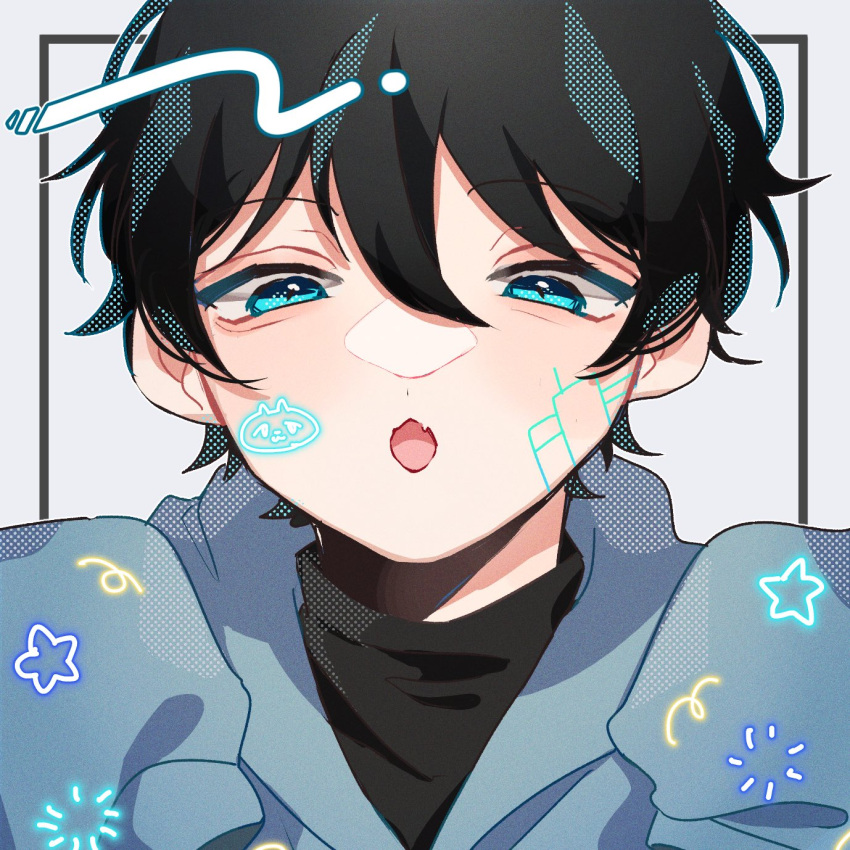 1boy, aiueonigiri, black_hair, black_shirt, blue_eyes, blue_hoodie, commission, facial_mark
