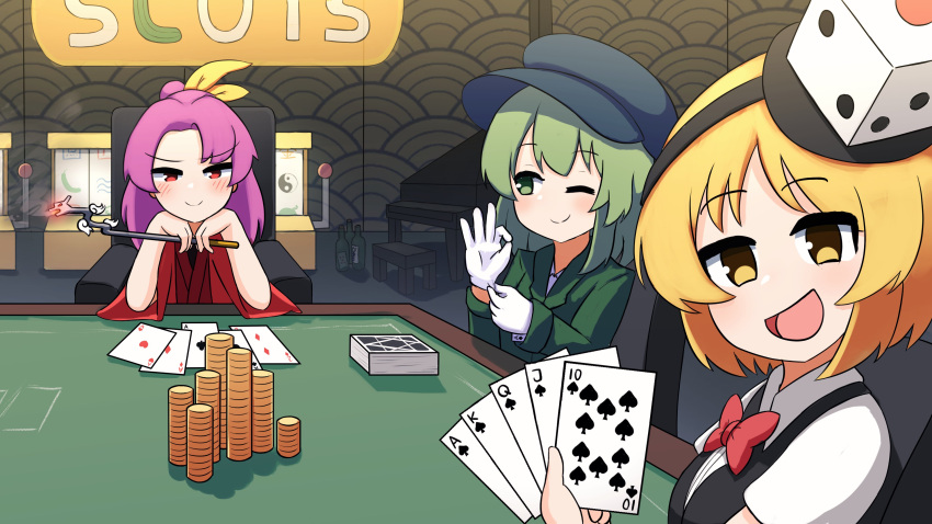 1other, 2girls, absurdres, adjusting_clothes, adjusting_gloves, black_vest, blonde_hair, blush