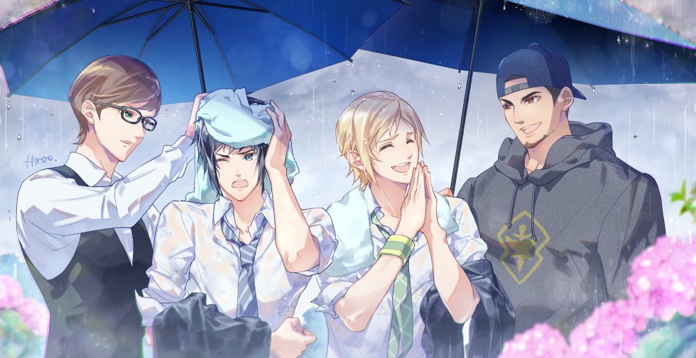 4boys, artist_name, backwards_hat, bangs, baseball_cap, black_hair, blonde_hair, blue_eyes