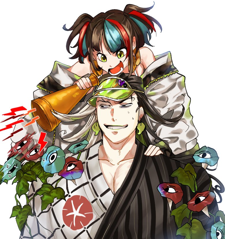 1boy, 1girl, ashiya_douman_(asagao-patterned_yukata)_(fate), ashiya_douman_(fate), earrings, fate/grand_order, fate_(series), flower, headphones, headphones_around_neck, itaru_(kidomh63), jacket, japanese_clothes, jewelry, kimono, long_hair, loud, magatama, magatama_earrings, megaphone, multicolored_hair, sei_shounagon_(fate), sei_shounagon_(swimsuit_berserker)_(fate), split-color_hair, twintails, visor_cap, white_background, white_jacket, yukata