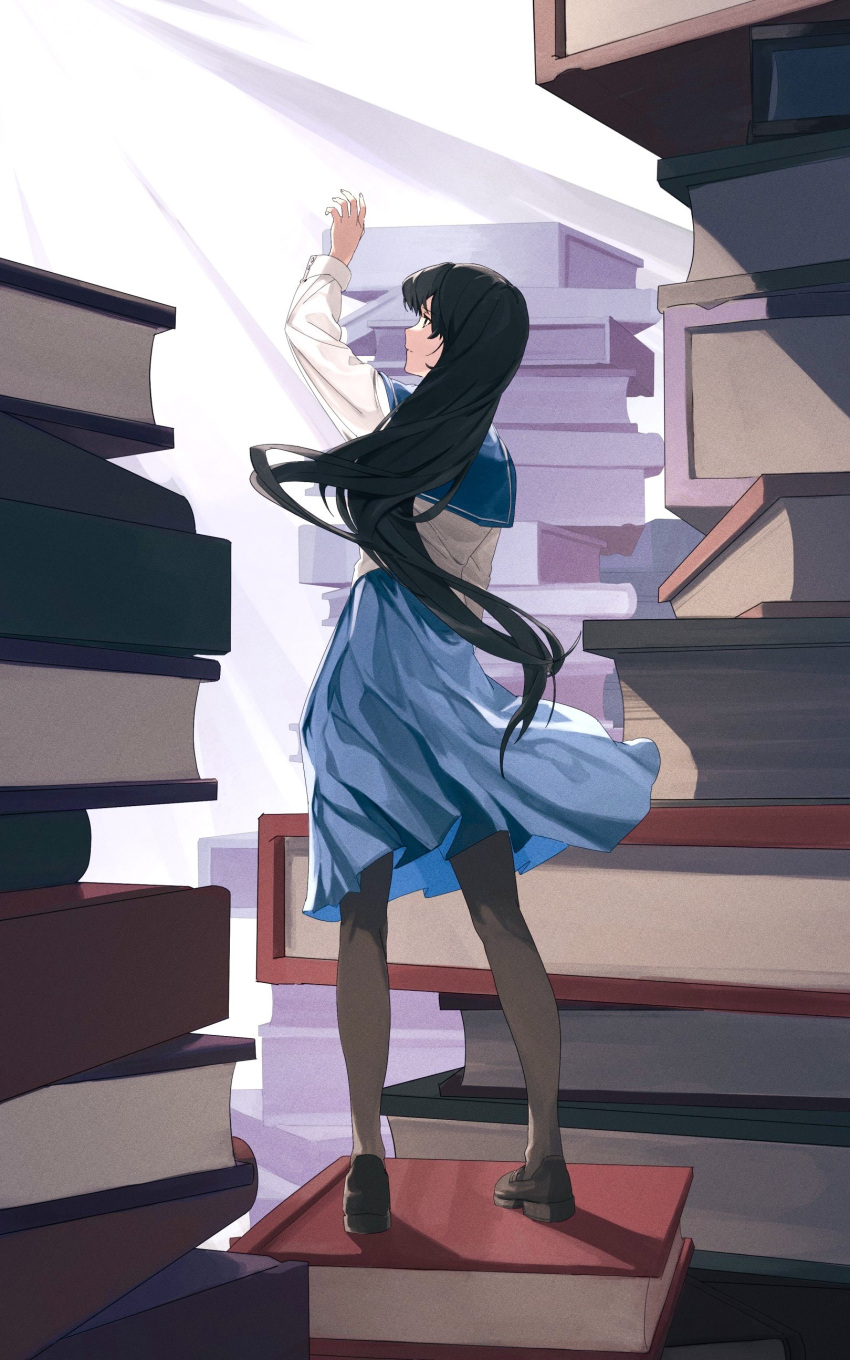 1girl, absurdres, arm_up, black_eyes, black_hair, blue_skirt, book, book_stack