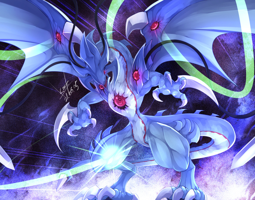 arm_blade, claws, dated, dragon, duel_monster, full_body, highres, k.nock, multistrike_dragon_dragias, no_humans, orb, red_eyes, signature, solo, tail, talons, weapon, wings, yu-gi-oh!, yu-gi-oh!_rush_duel, yu-gi-oh!_sevens