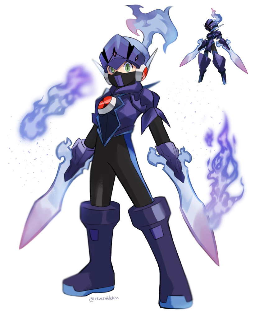 1boy, arm_blade, armor, blue_fire, boots, ceruledge, fiery_hair, fire, full_body, green_eyes, helmet, highres, looking_at_viewer, male_focus, mega_man_(series), mega_man_battle_network, megaman.exe, pokemon, pokemon_(creature), pokemon_(game), pokemon_sv, reversiblekiss, simple_background, standing, sword, violet_eyes, weapon, white_background